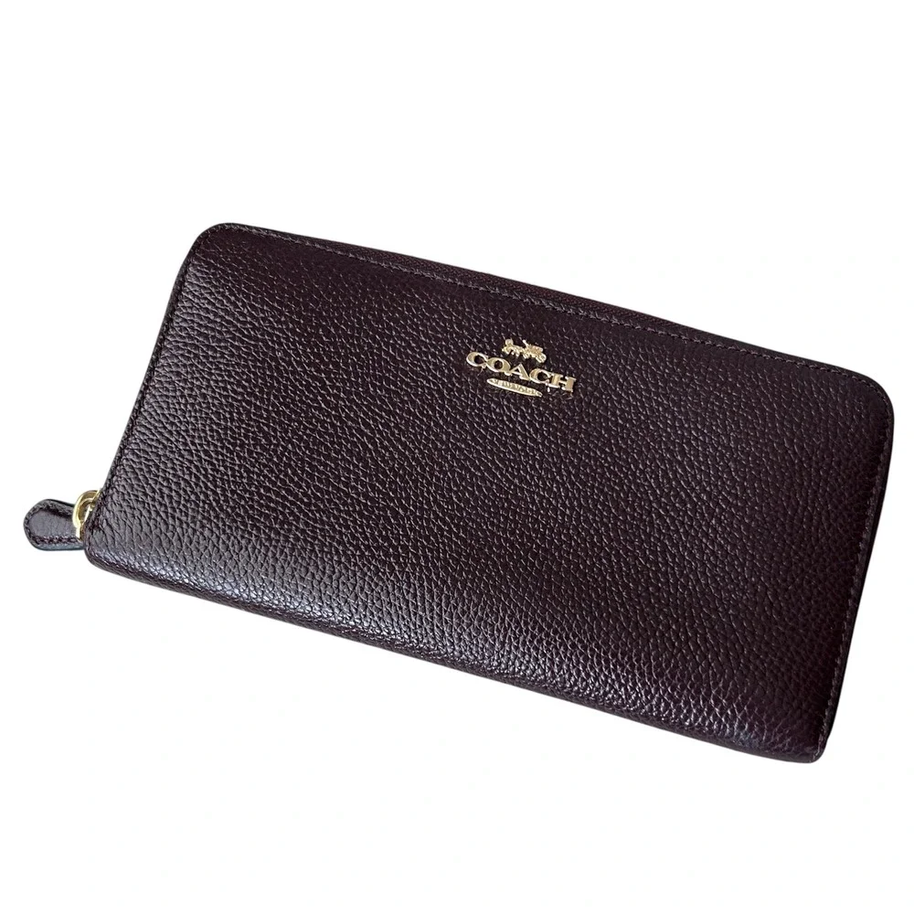 Coach Accordion Zip Wallet Oxblood Burgundy Pebbled Leather Gold Logo 58039